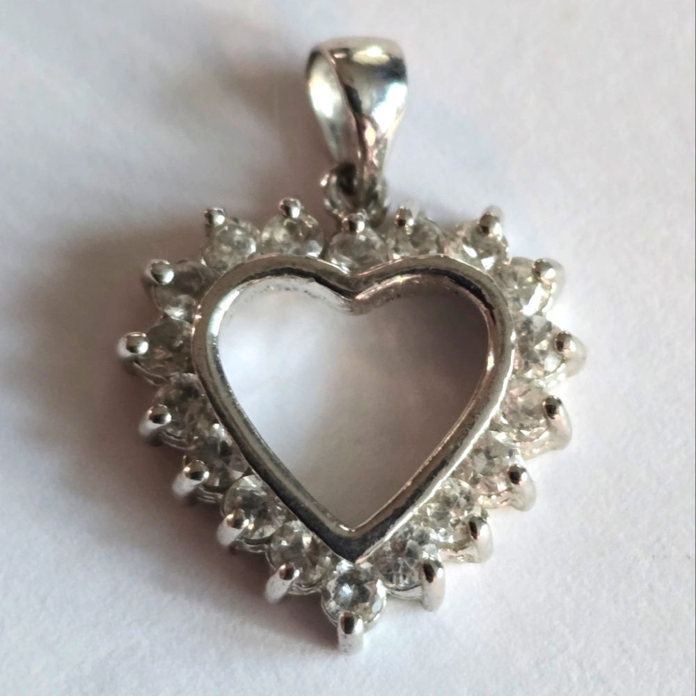 Heart pendant clear rhinestones silver tone charm valentine's day